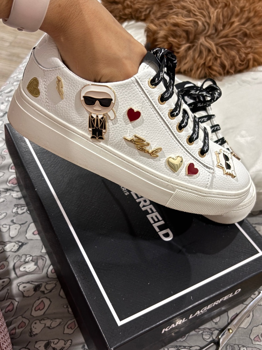 Karl Lagerfeld White Leather Sneakers with Gold & Red Charms